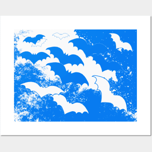 White Bats In Flight Blue Posters and Art